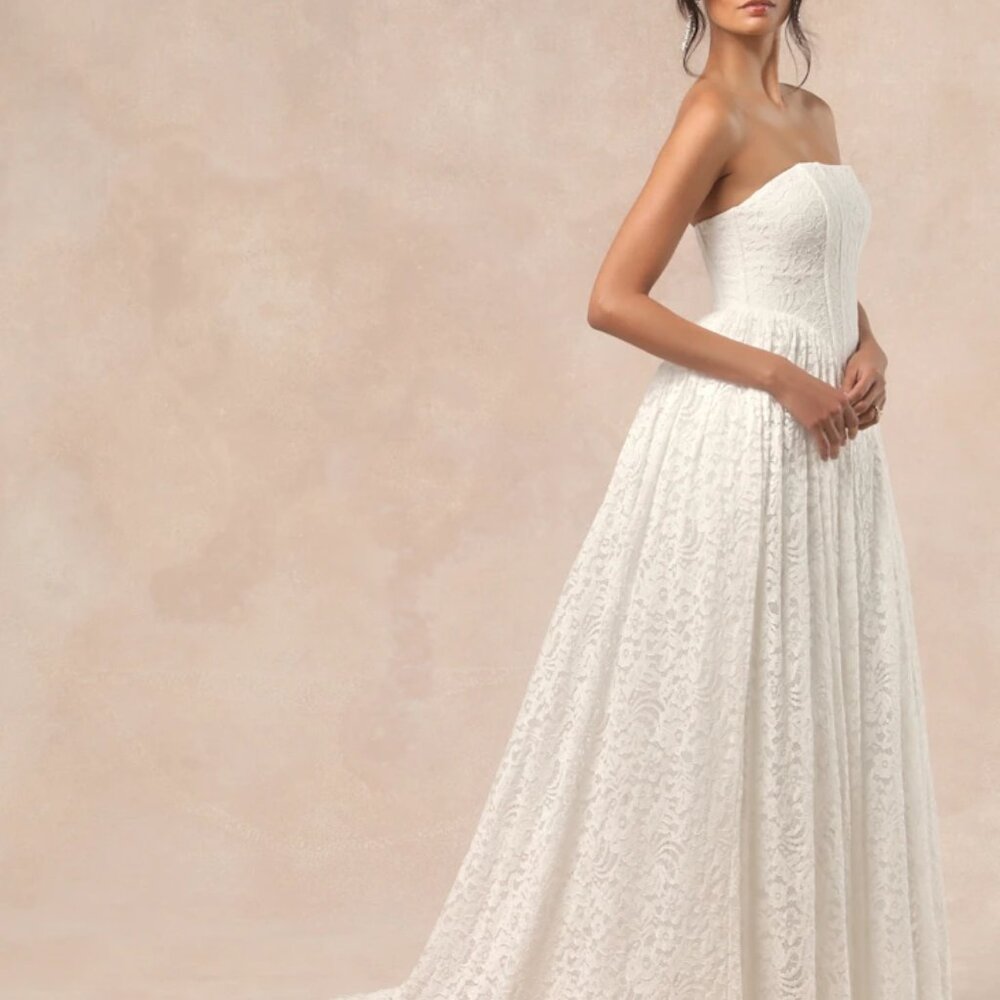 Lulu's Shiori White Lace Bustier Basque Waist Strapless Maxi Dress XS